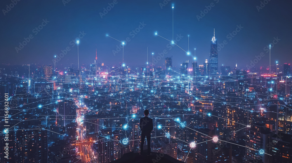 Fototapeta premium Smart digital Innovation city with connection network reciprocity over the cityscape. of future smart wireless digital city and social media networking systems that connects people with in city