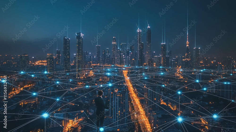 Smart digital Innovation city with connection network reciprocity over the cityscape. of future smart wireless digital city and social media networking systems that connects people with in city Smart digital Innovation city with connection network reciprocity over the cityscape. of future smart wireless digital city and social media networking systems that connects people with in city