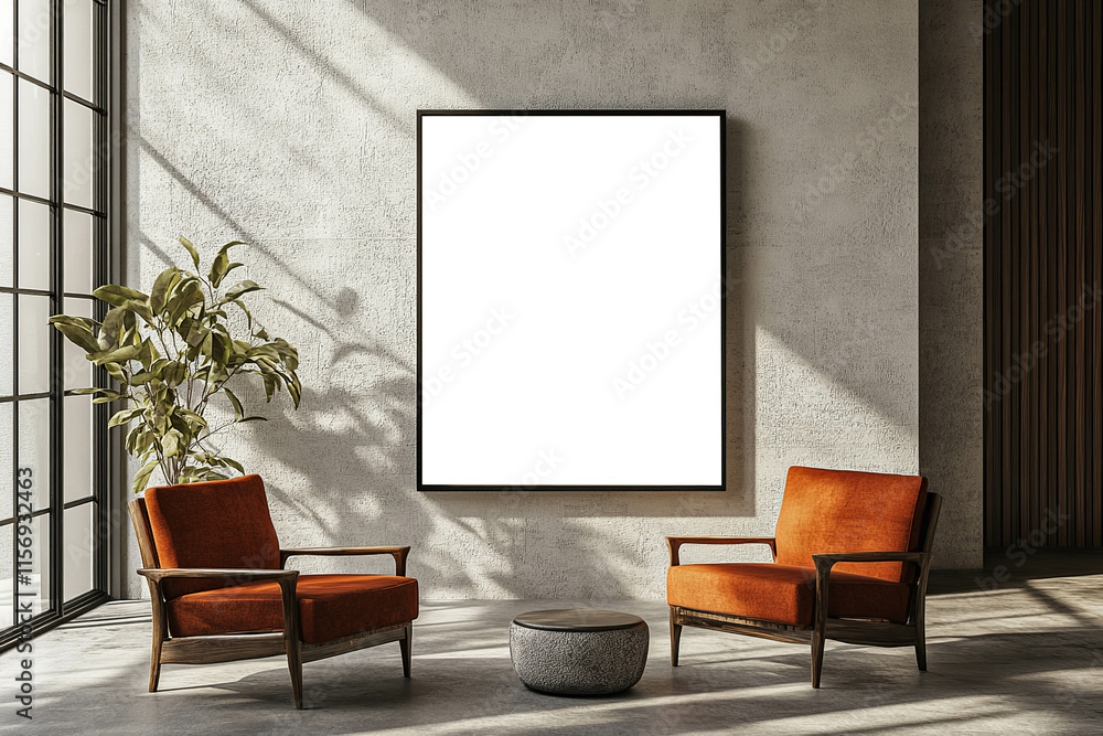 Large framed poster mockup displayed in a modern living room with two armchairs and a coffee table Large framed poster mockup displayed in a modern living room with two armchairs and a coffee table