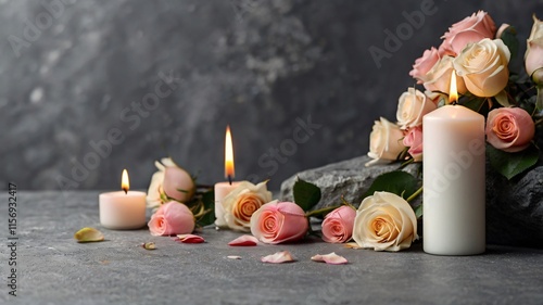 White candle with a rose and flower petals on grey stone panoramic background with copy space, funeral services web banner 