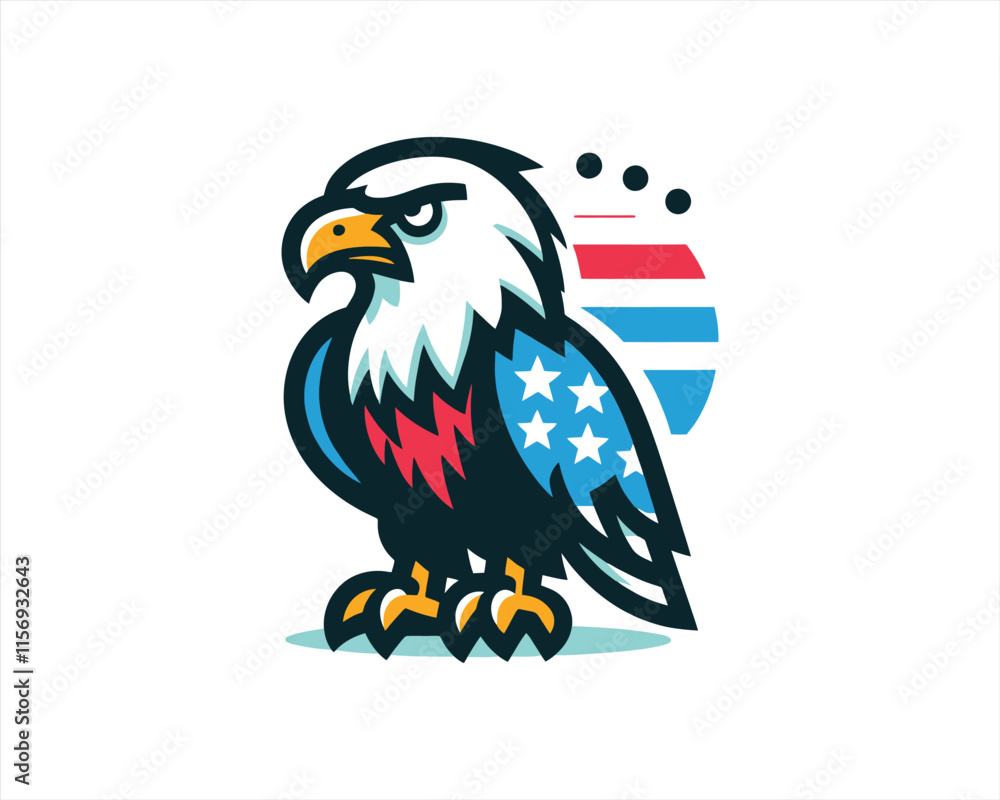 Obraz premium Eagle logo design vector illustration in American flag color. American Eagle icon logo template. 