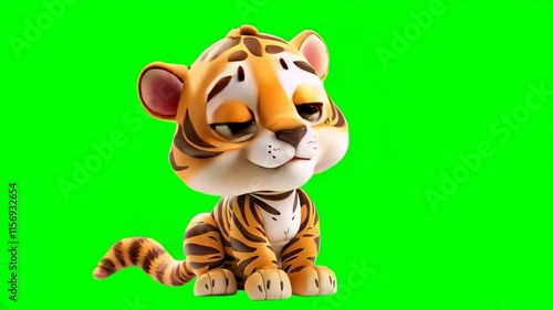 Cute Cartoon Tiger on Green Screen: Adorable Animated Cub for Kids Videos and Educational Content