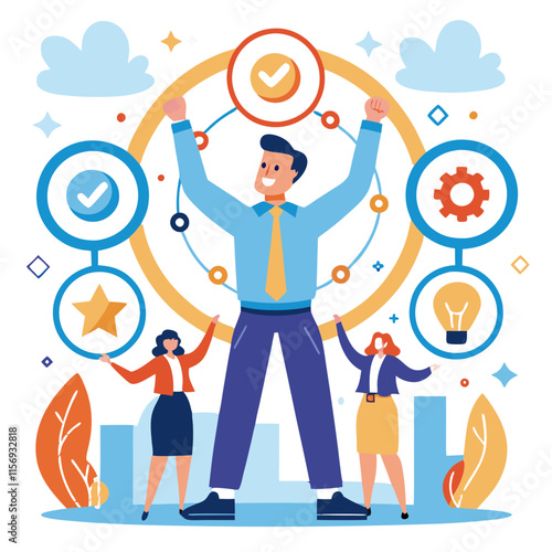 Empowering human resources concept with diverse professionals celebrating achievements in a modern setting