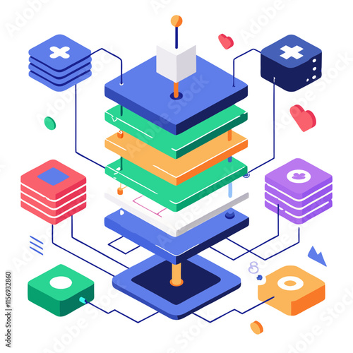 Layers of code transforming into functional applications in a conceptual digital environment