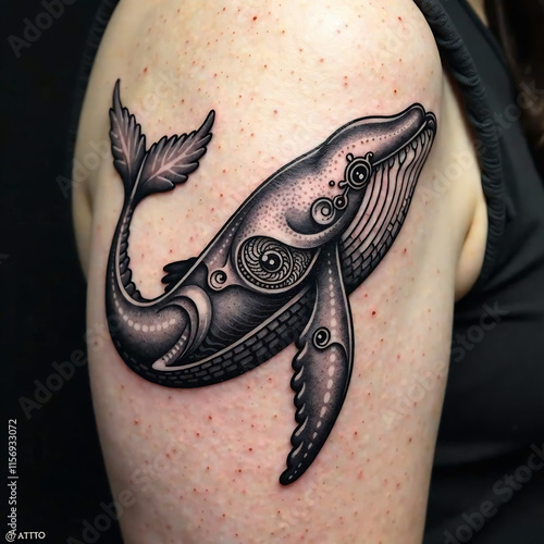 Abstract whale tattoo design with patterns and swirl photo