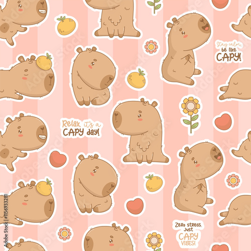 Seamless pattern. Cute Capybara cartoon kawaii character on striped pink background. Vector illustration. Kids collection