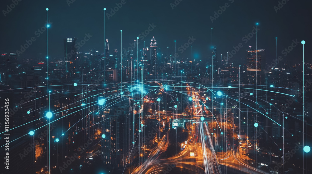 Smart digital Innovation city with connection network reciprocity over the cityscape. of future smart wireless digital city and social media networking systems that connects people with in city Smart digital Innovation city with connection network reciprocity over the cityscape. of future smart wireless digital city and social media networking systems that connects people with in city