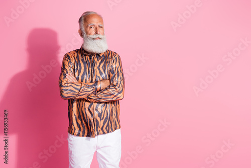 Photo of cool confident elegant glamorous grandfather standing with crossed arms posing near empty space isolated pastel color background photo