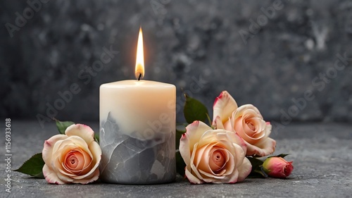 White candle with a rose and flower petals on grey stone panoramic background with copy space, funeral services web banner 
