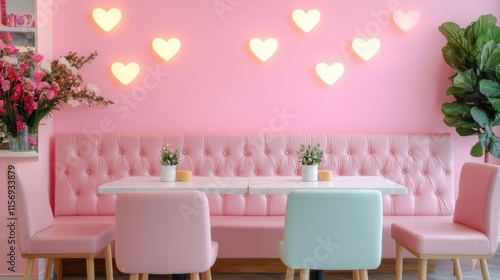 valentine cafe decoration concept Cozy pink cafe with heart lights and pastel-colored furniture.