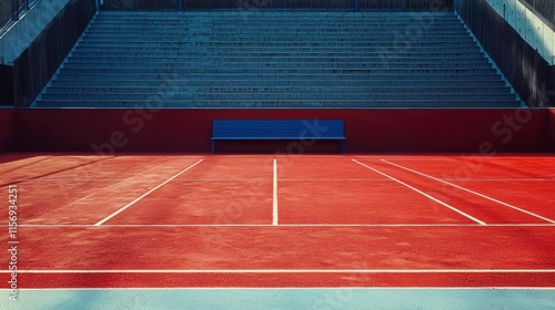 New private tennis court stadium with red ground without people during the summer