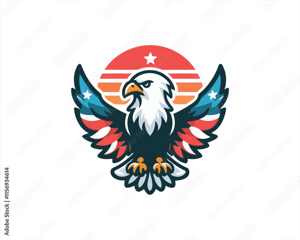 Obraz premium Eagle logo design vector illustration in American flag color. American Eagle icon logo template. 