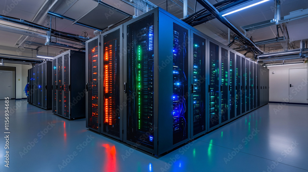 Server Racks and Cabinets full of Hard Drives inside Large Data Center. Advanced Cloud Computing Concept.
Server Racks and Cabinets full of Hard Drives inside Large Data Center. Advanced Cloud Computing Concept.