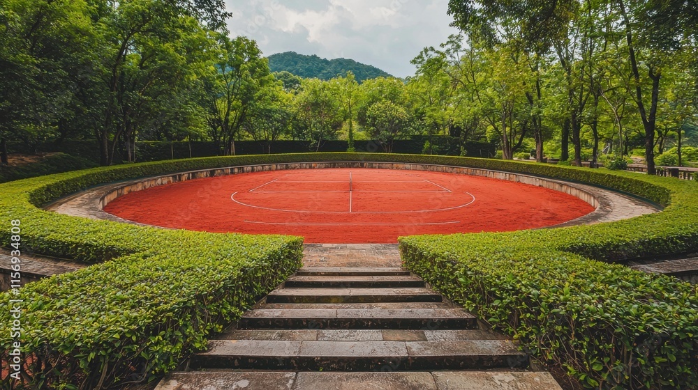 New private tennis court stadium with red ground without people during the summer New private tennis court stadium with red ground without people during the summer