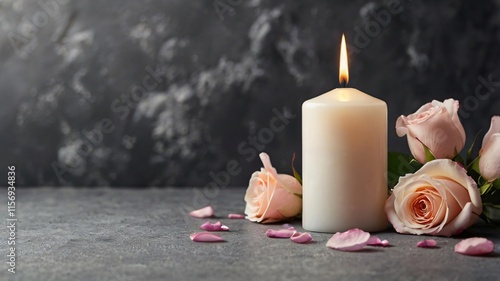 White candle with a rose and flower petals on grey stone panoramic background with copy space, funeral services web banner 