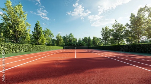 New private tennis court stadium with red ground without people during the summer