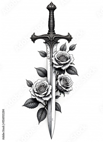 Intricate black and white sword illustration with roses. A stunning tattoo design symbolizing the blend of strength and delicacy.