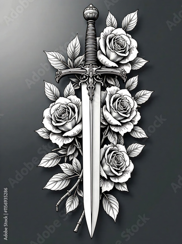 Intricate black and white sword illustration with roses. A stunning tattoo design symbolizing the blend of strength and delicacy.