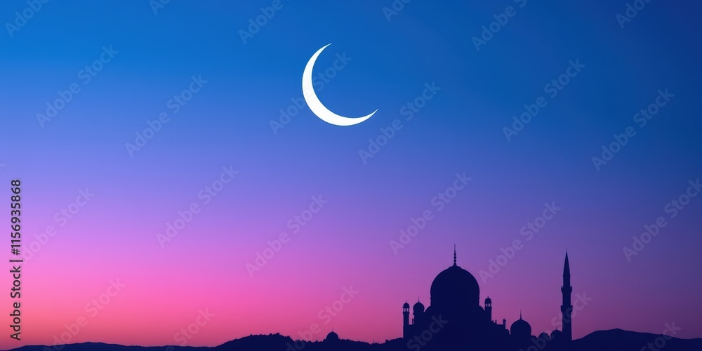 Obraz premium A minimalist Islamic background featuring a crescent moon and star, with layered abstract shapes in pastel colors and geometric accents on a soft gradient background