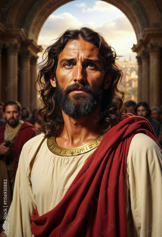 Fototapeta premium A man with a beard and long hair is wearing a red robe and looking at the camera. He is surrounded by other people, some of whom are also wearing red robes