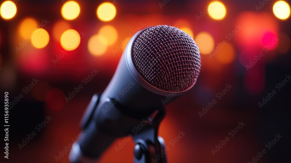 Obraz premium Close-up of microphone on stage with blurred lights.