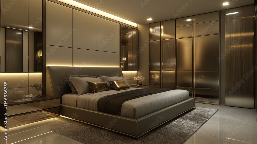 A contemporary bedroom with clean lines, a bold headboard, and sleek metallic decor A contemporary bedroom with clean lines, a bold headboard, and sleek metallic decor