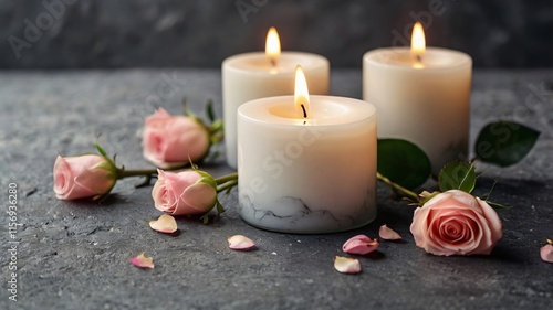 White candle with a rose and flower petals on grey stone panoramic background with copy space, funeral services web banner 