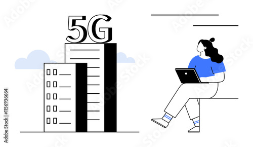 Woman using a laptop, sitting by an urban building with 5G atop, and clouds in the background. Ideal for remote work, technology, 5G internet, urban lifestyle, wireless communication, future tech