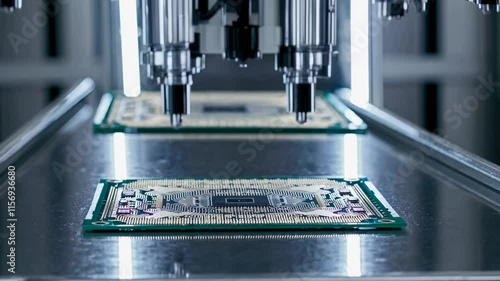 Advanced machinery at work assembling computer chips in a high-tech manufacturing facility