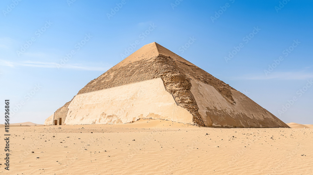 Ancient Egyptian pyramid, bright blue sky, sand dunes. Wonders of the past, majestic, historical.