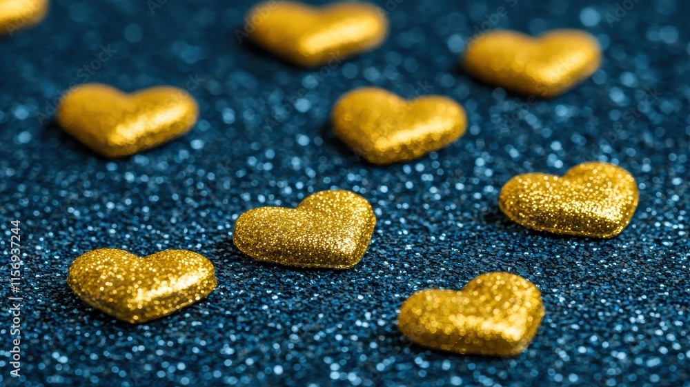 Obraz premium Romantic Gold Glitter Hearts on Blue Sparkle Background Valentines Day