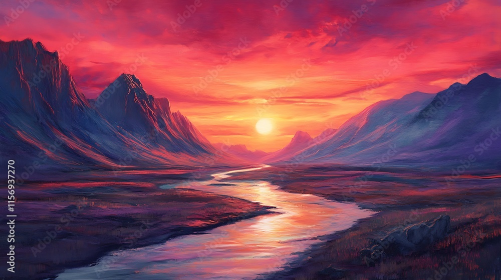 Fototapeta premium Vibrant Sunset Painting: River Flows Gently Through Majestic Mountains. AI Generated
