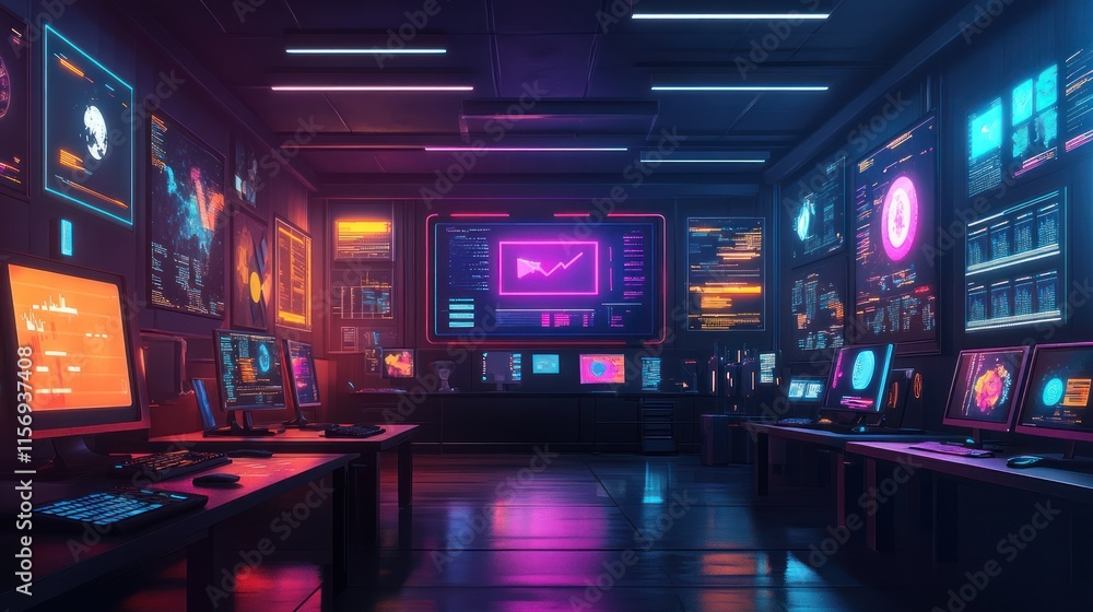Futuristic control room with vibrant neon lighting and numerous computer screens displaying data. Futuristic control room with vibrant neon lighting and numerous computer screens displaying data.