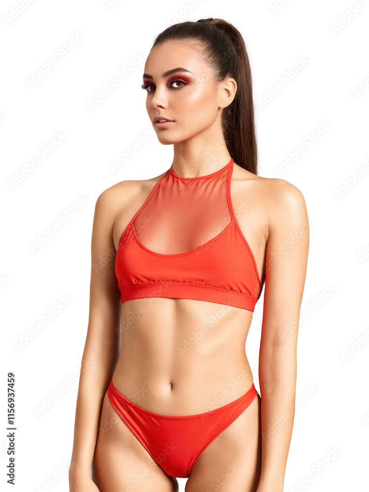 Bright red bikini with a sporty high-neck top featuring mesh panels and matching high-cut bottoms. The mesh detailing adds breathability, Bright red bikini with a sporty high-neck top featuring mesh panels and matching high-cut bottoms. The mesh detailing adds breathability,