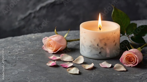 White candle with a rose and flower petals on grey stone panoramic background with copy space, funeral services web banner 