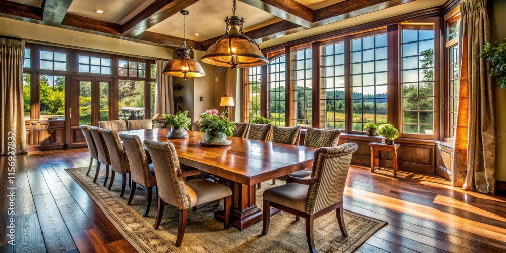 Sunlight streams through large windows, illuminating a spacious dining room with a wooden table, creating a naturally elegant interior. Sunlight streams through large windows, illuminating a spacious dining room with a wooden table, creating a naturally elegant interior.