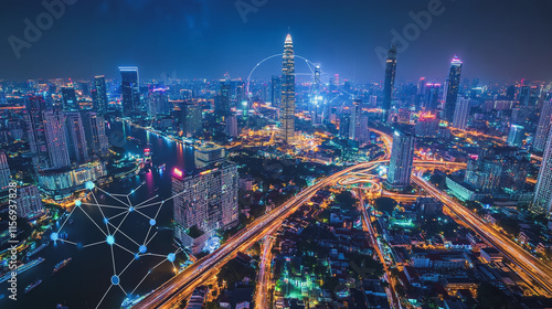 Wallpaper Mural Smart digital Innovation city with connection network reciprocity over the cityscape. of future smart wireless digital city and social media networking systems that connects people with in city Torontodigital.ca