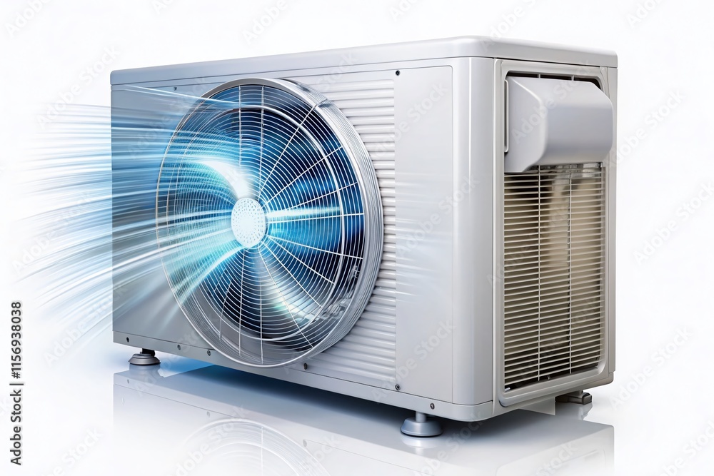 Fototapeta premium High-Efficiency White Heat Pump, Energy Efficient HVAC System, Modern Home Climate Control, Long Exposure Photography