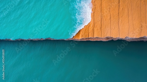 Aerial view of turquoise ocean and orange cliff edge with crashing waves