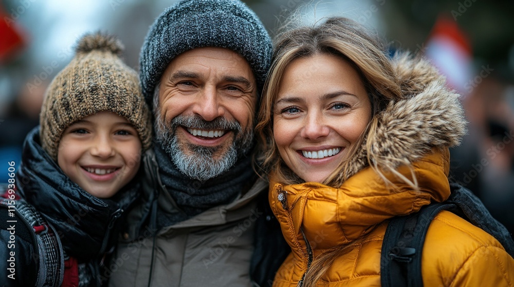 A joyful family portrait featuring a smiling man, woman, and child in winter attire. A joyful family portrait featuring a smiling man, woman, and child in winter attire.