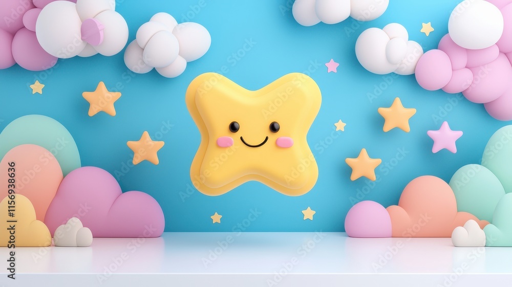 Cute 3D Smiley Star Emoji Pastel Clouds Sky Background Cute 3D Smiley Star Emoji Pastel Clouds Sky Background