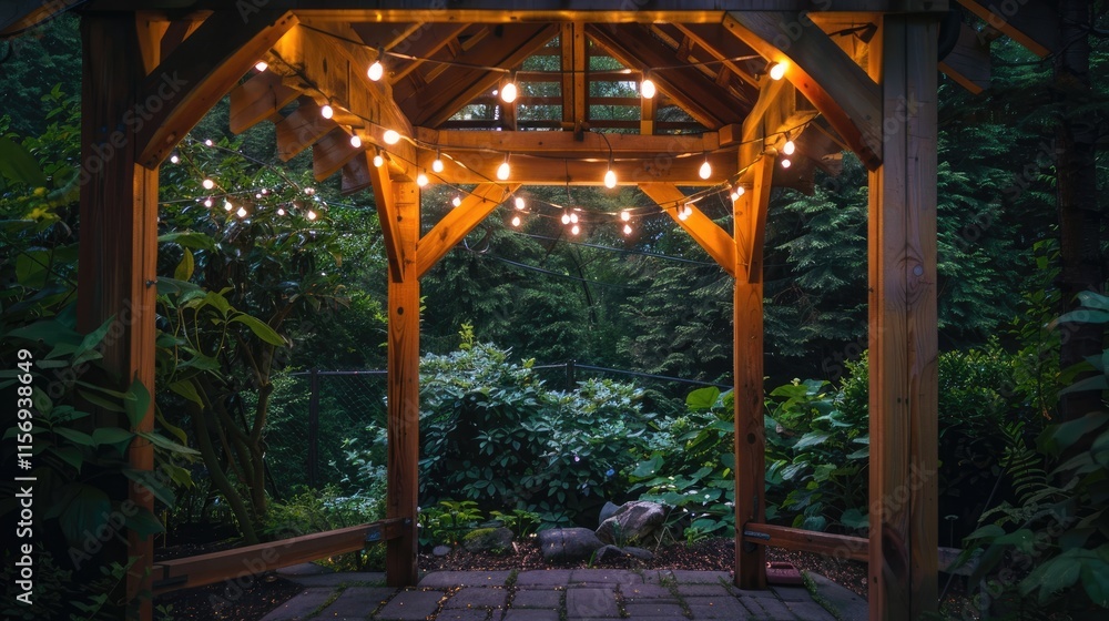 A wooden gazebo in a garden, softly lit by string lights hanging from the beams A wooden gazebo in a garden, softly lit by string lights hanging from the beams