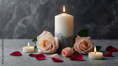 White candle with a rose and flower petals on grey stone panoramic background with copy space, funeral services web banner 