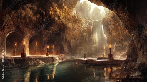 Photography A lone figure stands in a cavern illuminated by torches and a waterfall