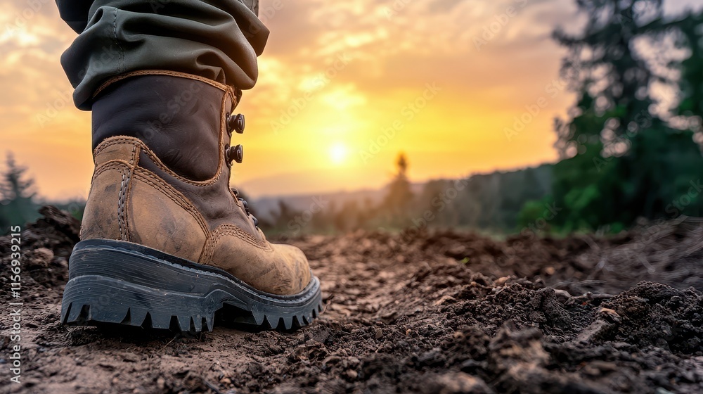 Everything Traveler Concept, Close-Up of Traveler's Boot Stepping onto Rugged Ground during Sunset in Nature Everything Traveler Concept, Close-Up of Traveler's Boot Stepping onto Rugged Ground during Sunset in Nature