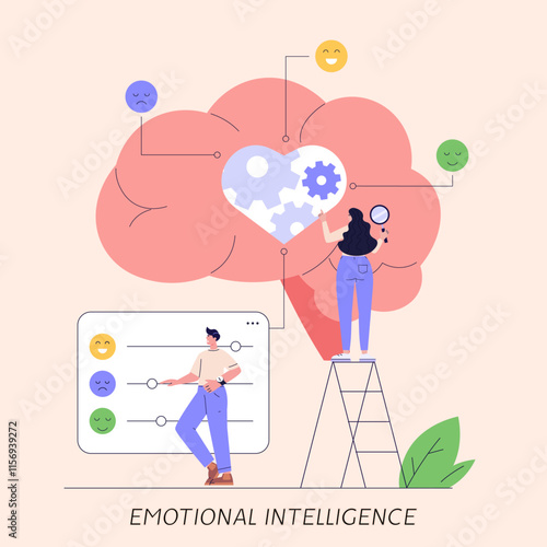 People managing and improving emotional intelligence. Self control feeling, balance of emotions and brain. Concept of personal soft skills, mental health, self regulation. Vector illustration