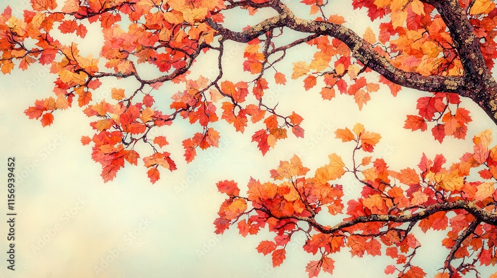 Autumn Tree Branches Red Leaves Fall Foliage Nature Painting Autumn Tree Branches Red Leaves Fall Foliage Nature Painting
