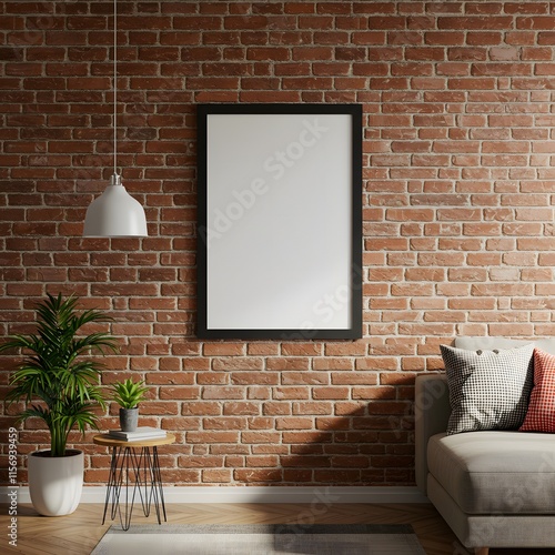 Mock up blank poster picture frame hanging on red brick wall background in room - can be used mock up for montage products display and design key visual layout. Mock up poster in interior background.