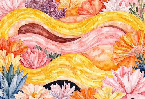 A painting of a flowery landscape with a yellow line in the middle. The painting is full of bright colors and has a happy, cheerful mood