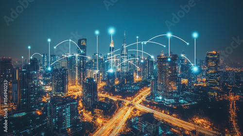 Wallpaper Mural Smart digital Innovation city with connection network reciprocity over the cityscape. of future smart wireless digital city and social media networking systems that connects people with in city Torontodigital.ca